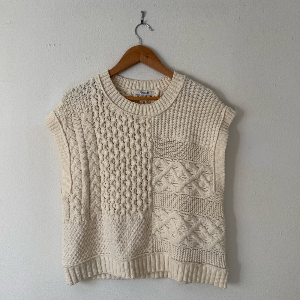 MADEWELL COTTON-BLEND PATCHWORK CABLE-KNIT SWEATER VEST